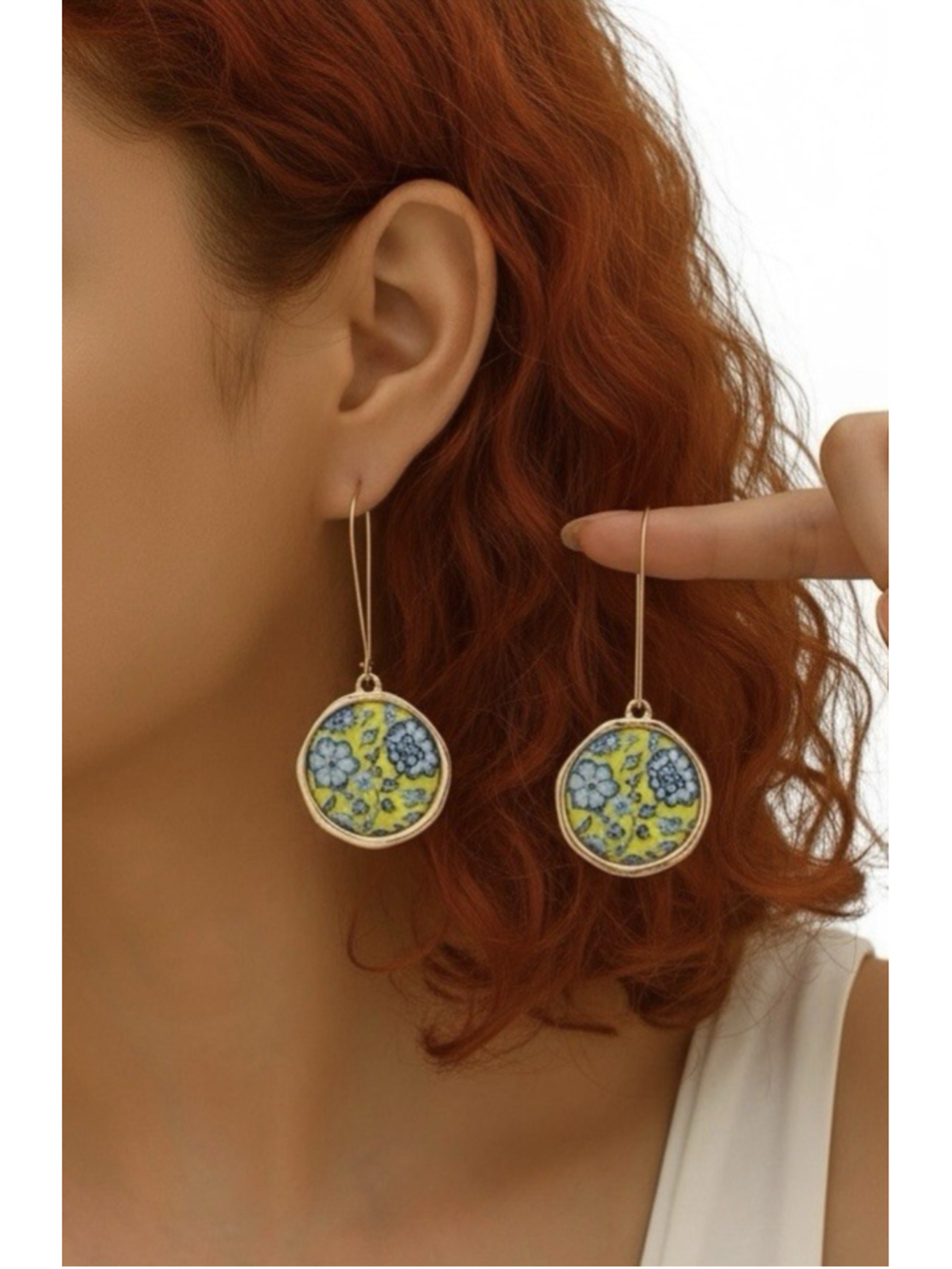 Anthropologie Flower Earrings Porcelain Ceramic Portugal Gold Hoop Tile Boho